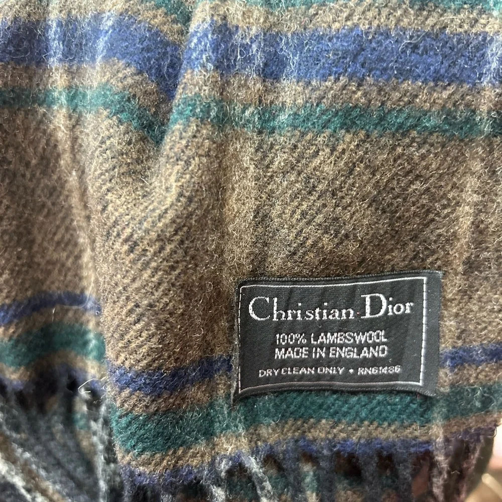 RARE!! CHRISTIAN DIOR Brown Plaid Lambswool Scarf with Blue & Green Stripes - Picture 2 of 3
